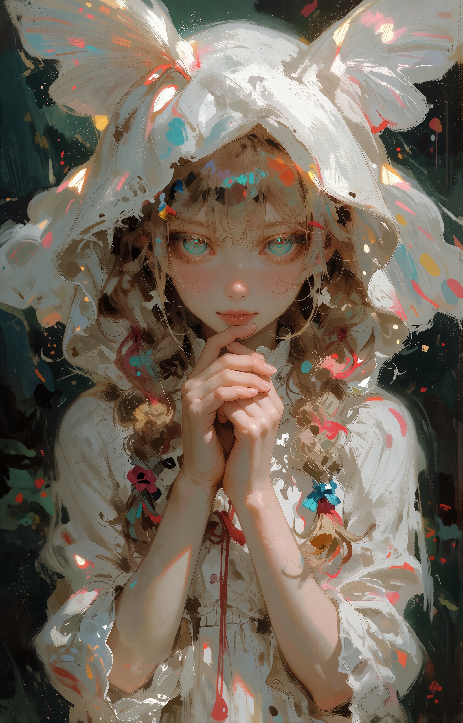 A painterly portrait of a young woman with teal eyes clasping her hands beneath a massive,  flowing white headdress resemb...
