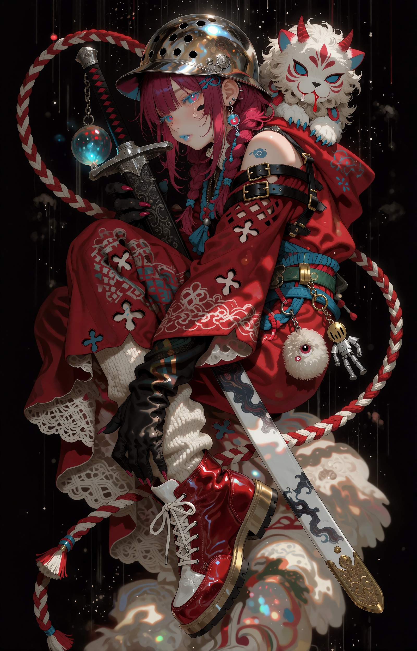 A pale-skinned anime youth with vivid crimson-magenta hair floats in a crouched,  knees-drawn pose against a void-black ba...