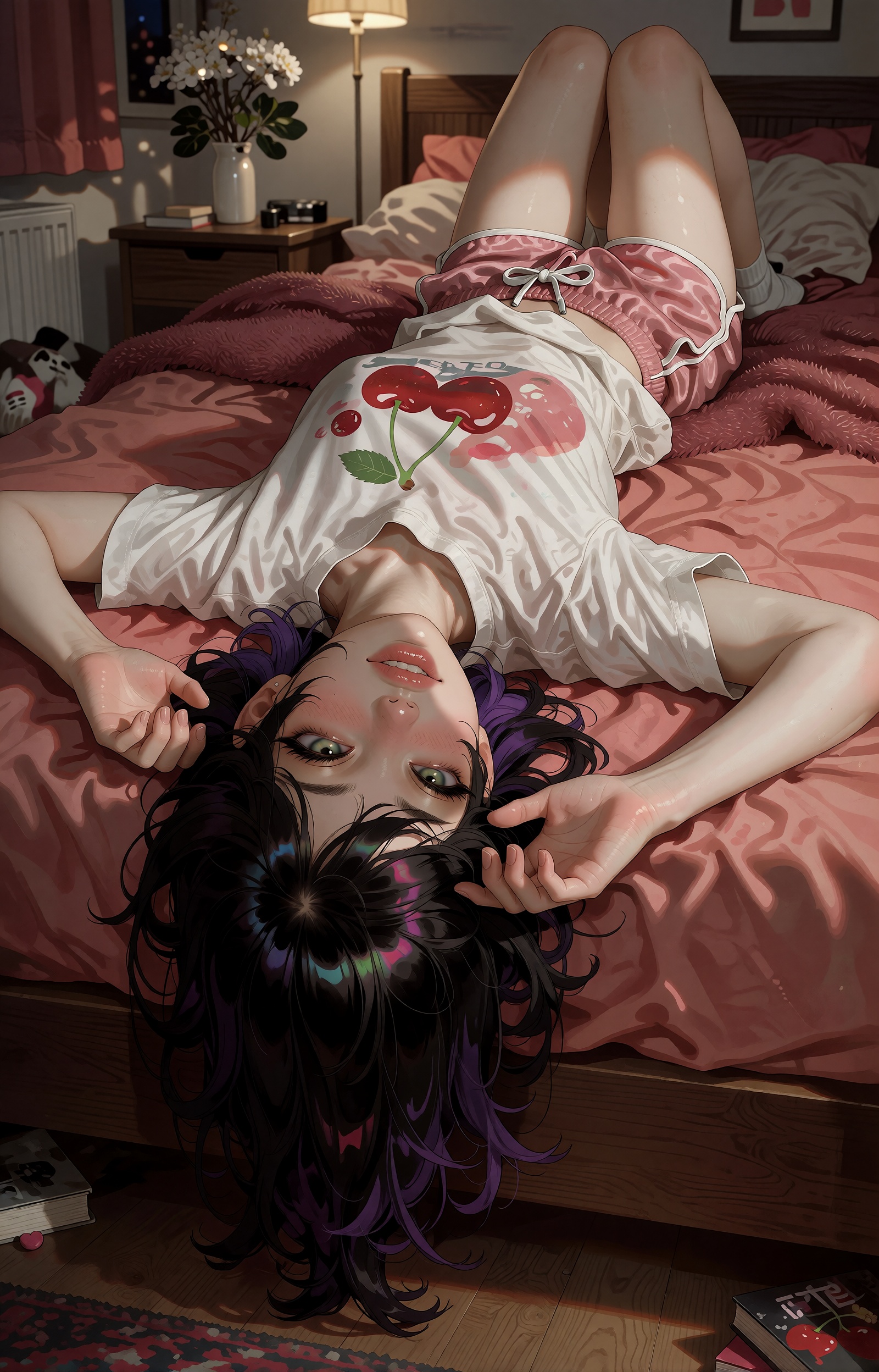 SUBJECT: A young woman with glossy black hair streaked in violet highlights lies on her back,  her head hanging over the b...