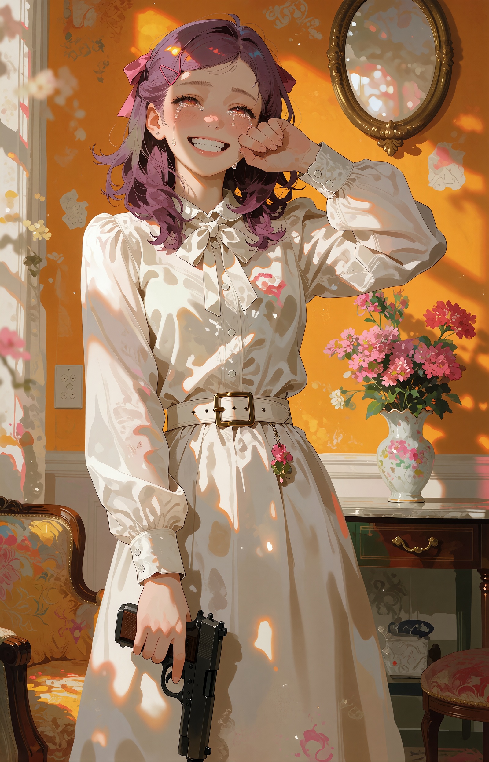 SUBJECT : A young woman with shoulder-length violet hair,  softly parted,  a pink ribbon clip pinned above one temple. Her...