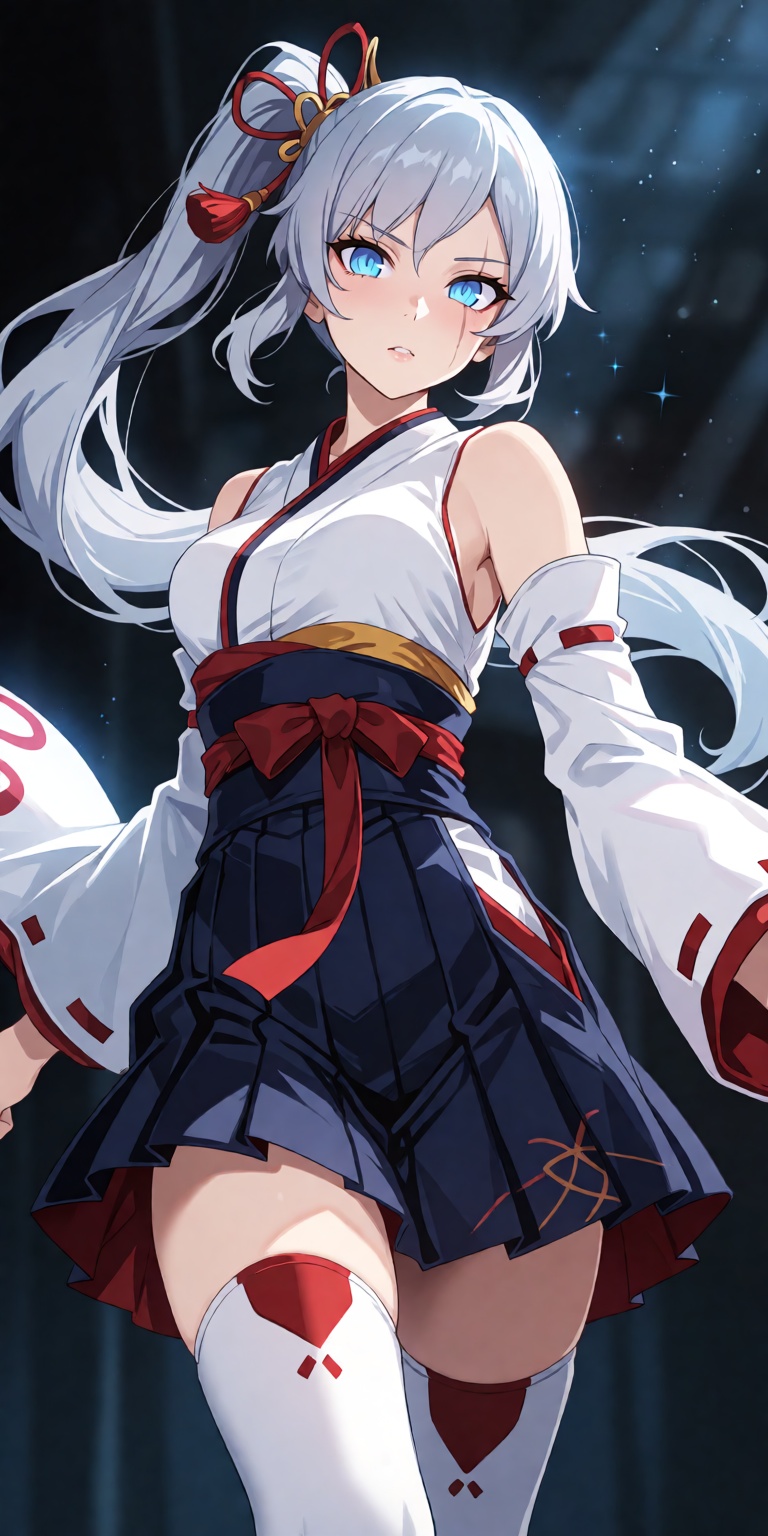 1girl,  solo,  Weiss Schnee from RWBY in an elaborate traditional Japanese alternate miko-inspired hakama costume on Tenso...