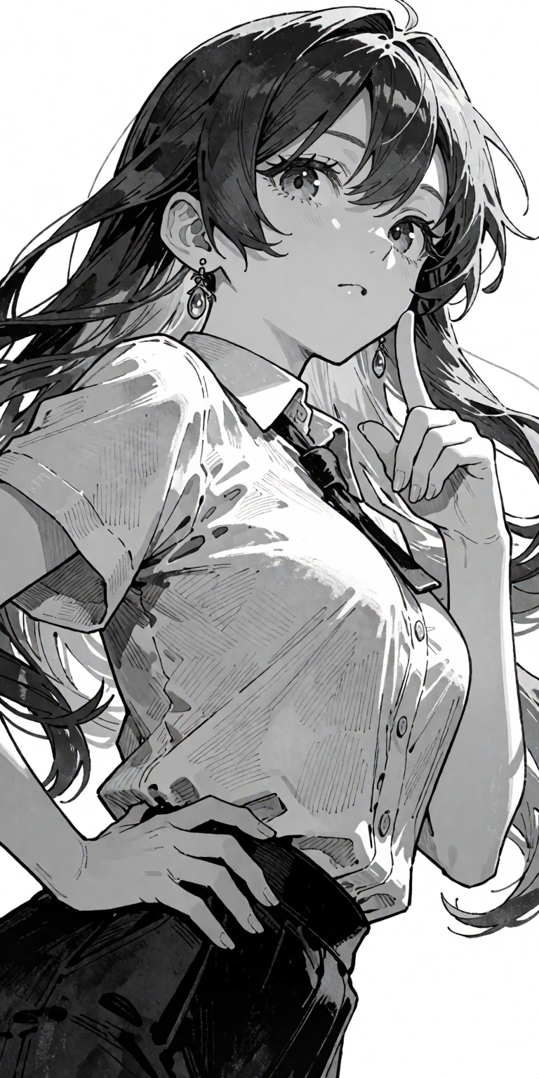 1girl,  solo,  Michigami Nareko from Touhou rendered in a striking traditional media monochrome and greyscale art style on...