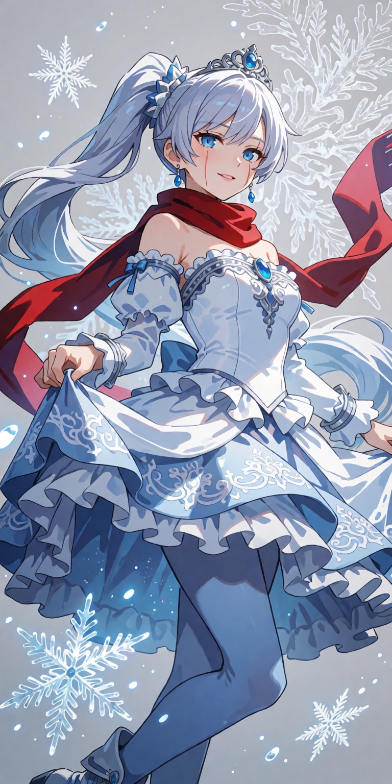 1girl,  solo,  Weiss Schnee from RWBY in an exquisite winter-themed gown with intricate frills on Tensor.Art