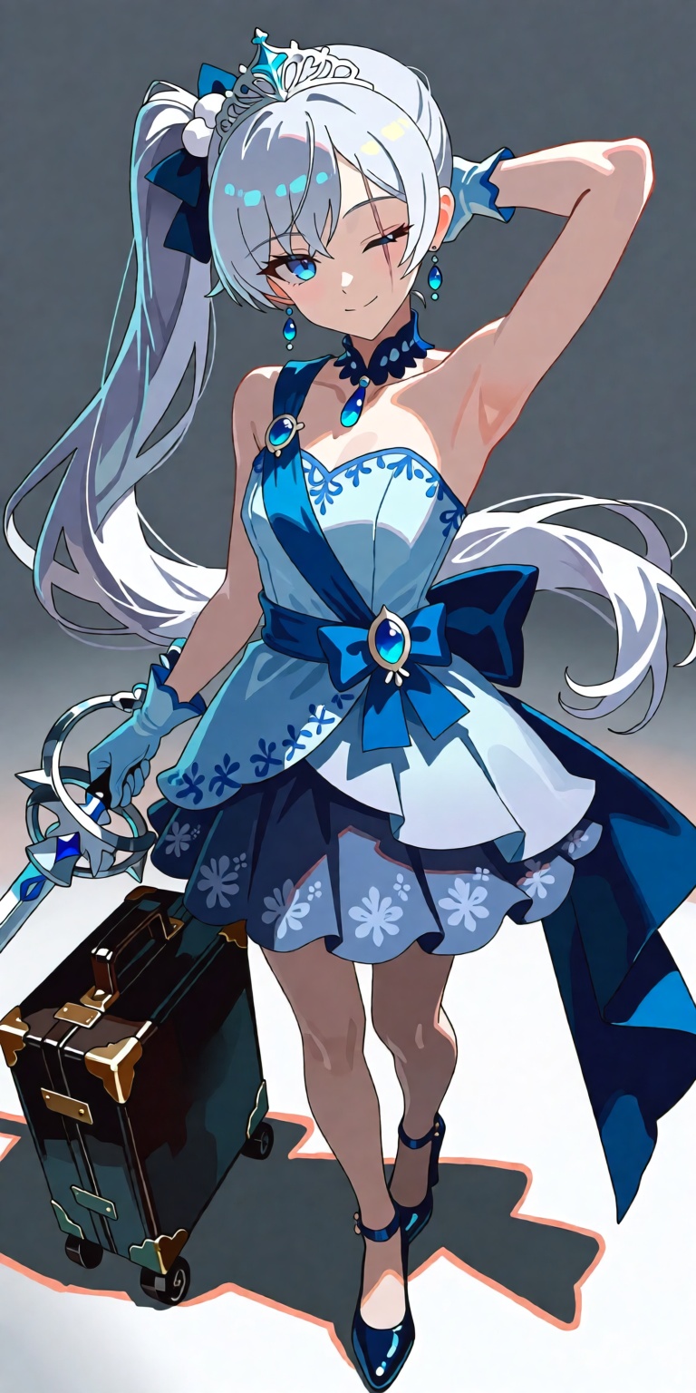 1girl,  solo,  Weiss Schnee from RWBY in an elegant short formal blue dress with an intricate sash on Tensor.Art