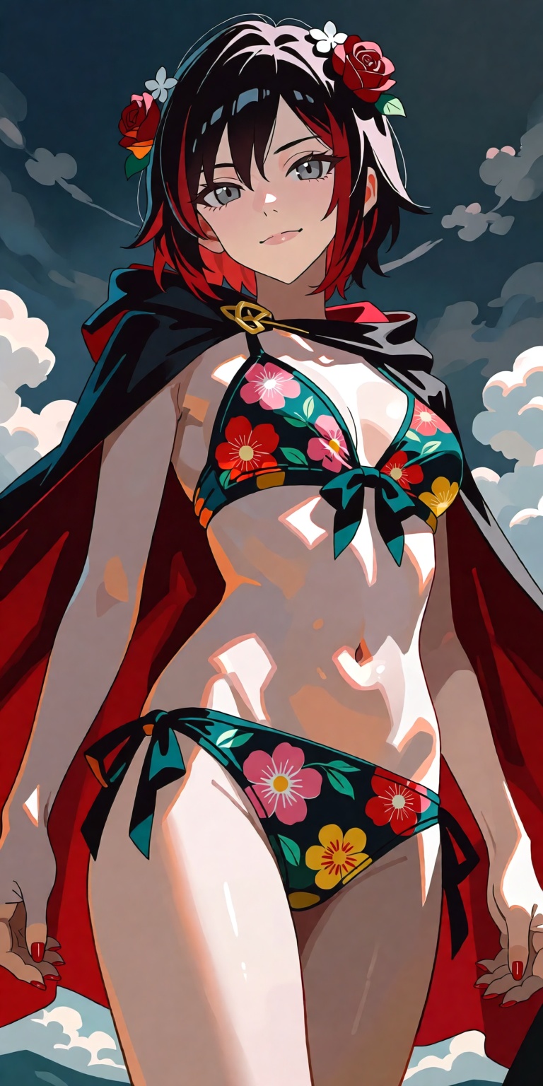1girl,  solo,  Ruby Rose from RWBY in a vibrant custom floral print front-tie and side-tie bikini paired with a dramatic f...