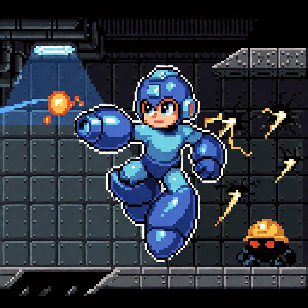 The image is a wide pixel-art illustration in the classic 8-bit NES style of the Mega Man series,  depicting Mega Man mid-...