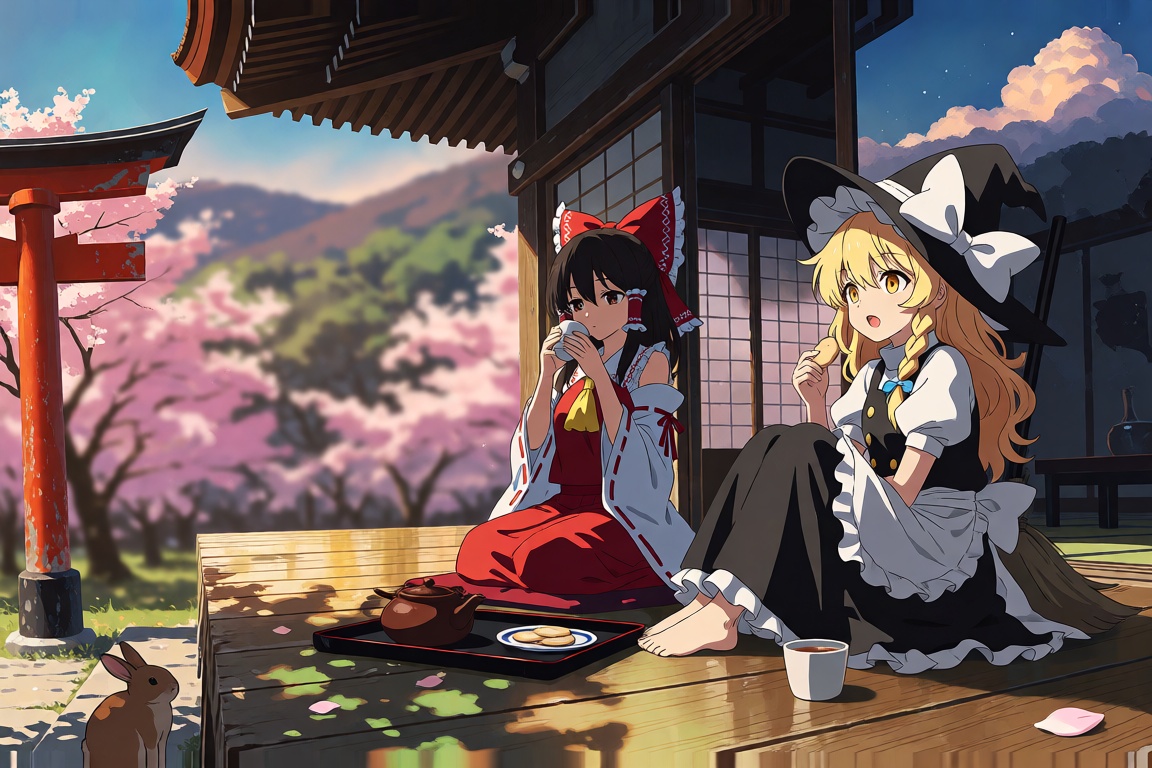 A wide cinematic anime illustration in the style of Makoto Shinkai of two girls having tea at the Hakurei Shrine,  rendere...