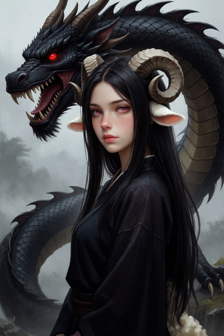 a anthro sheep woman with long,  straight black hair and sheep ears,  suggesting an sheep girl or mythical character with...