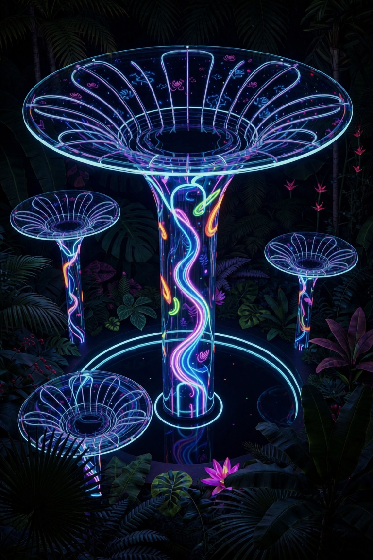 Neon jungle seen from above,  fire in the eternal night,  built from futuristic nano leaf glass on Tensor.Art