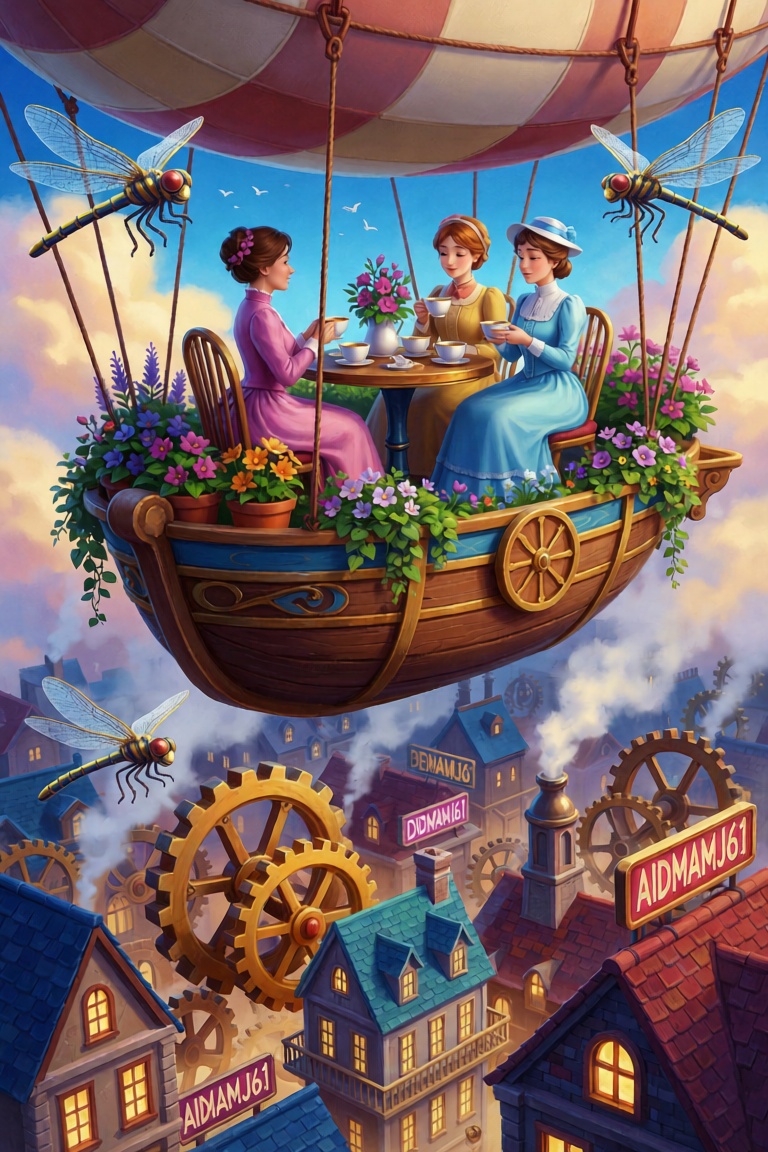 an ornate floating airship garden where Victorian ladies in pastel dresses sip tea surrounded by potted flowers and hoveri...
