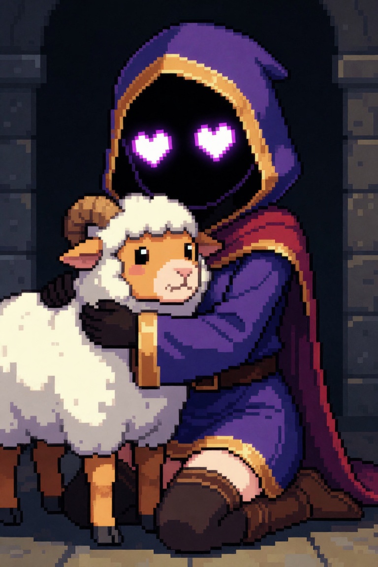(pixel_art),  dark hooded digital face,  glowing pixel heart eyes only on Tensor.Art