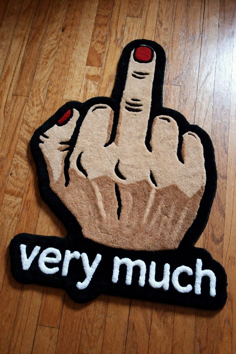 a fluffy carpet mat that represent a middle finger gesture on a hardwood floor. the words "very much" underneath the gestu...