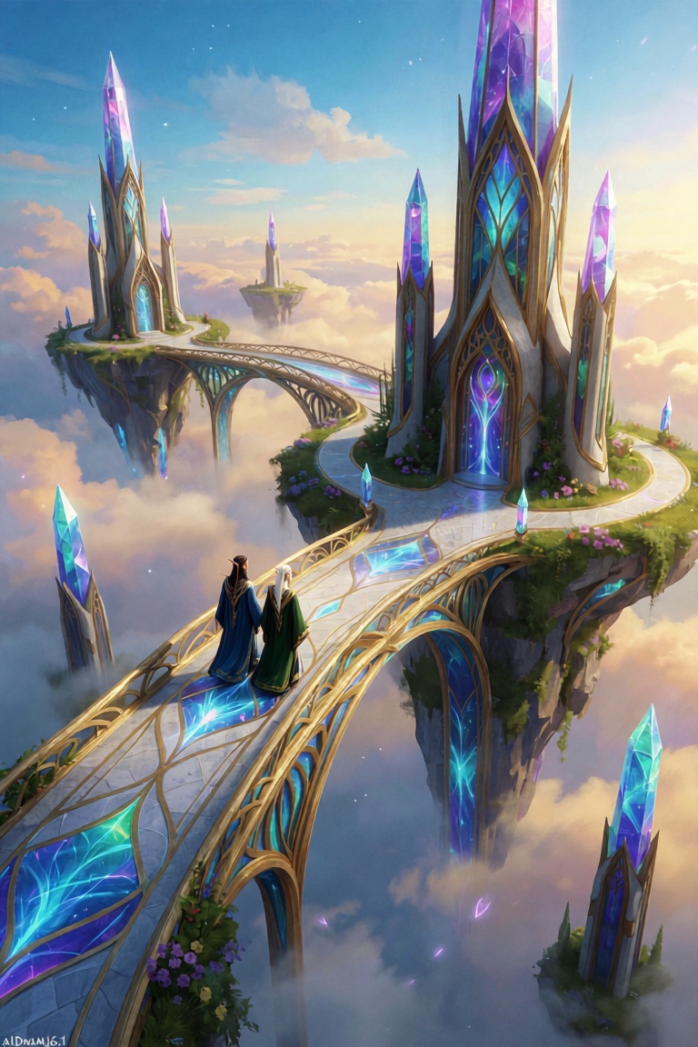 a wide aerial view of a floating elven city in the sky,  with two elven figures walking side by side across a glowing skyb...
