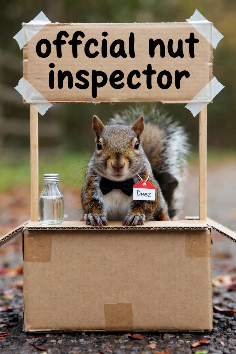 A squirrel inside a child made tiny roadside stand made from cardboard and tape with the words "offcial nut inspector" on...
