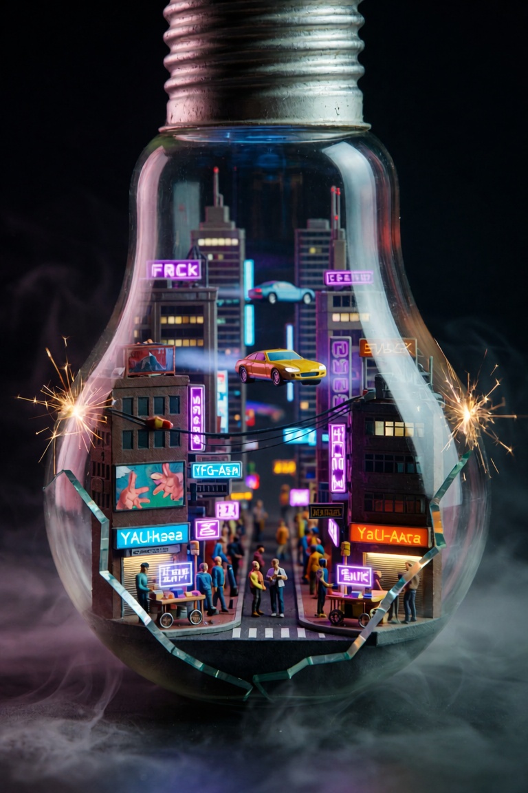 VintageSketch style,  YFG-Asak,  A hyper-detailed miniature diorama of a futuristic cyberpunk city built inside a broken l...
