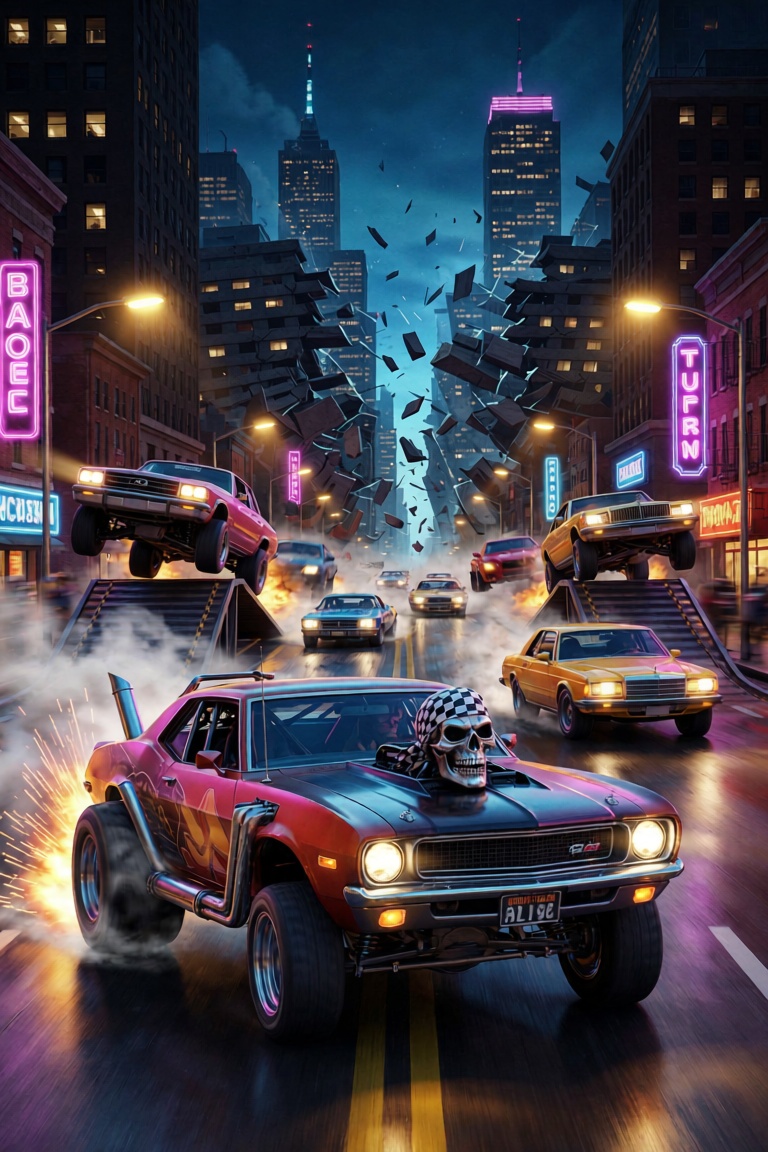 A chaotic cityscape bathed in the neon glow of streetlights is torn apart by a wild street race,  cars launching off ramps...