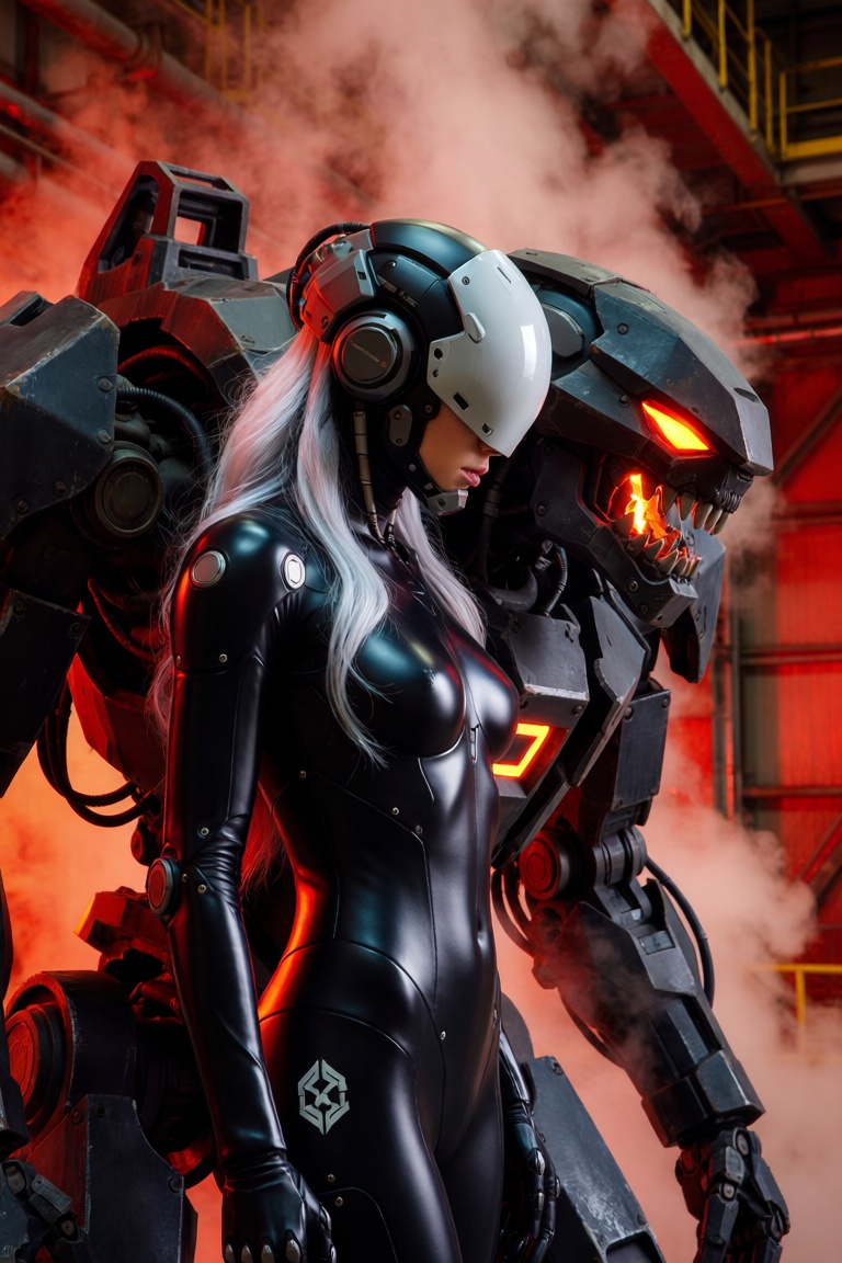 Photograph of a sleek,  cybernetic woman standing in a profile view next to a massive,  monstrous mechanical exoskeleton i...