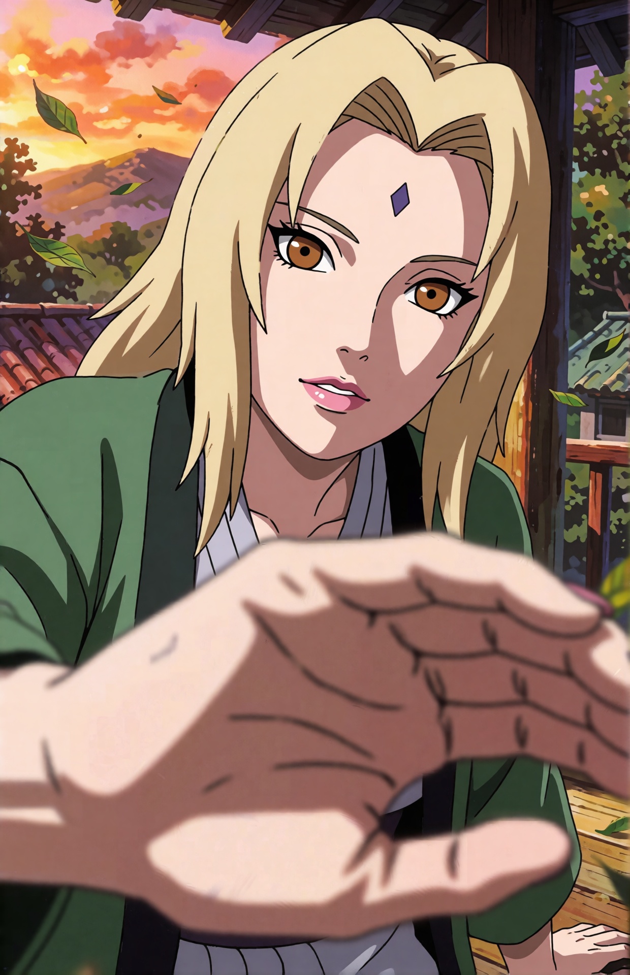 High-detail Japanese anime illustration,  polished hand-drawn cel shading. Tsunade leans very close over the viewer in an...