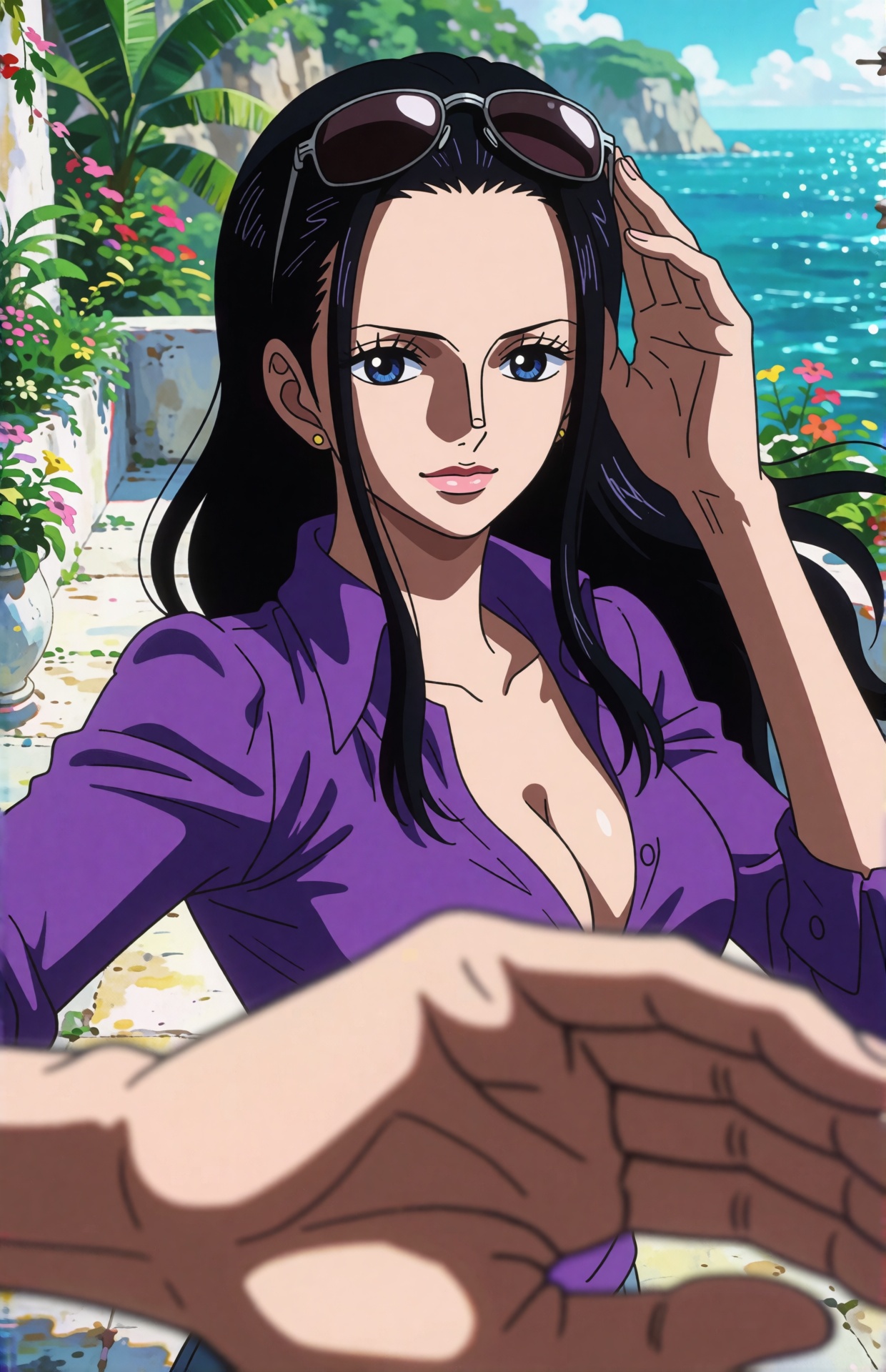 Elegant Japanese anime style,  detailed modern cel shading. ***** Nico Robin stands and leans close toward the viewer outd...