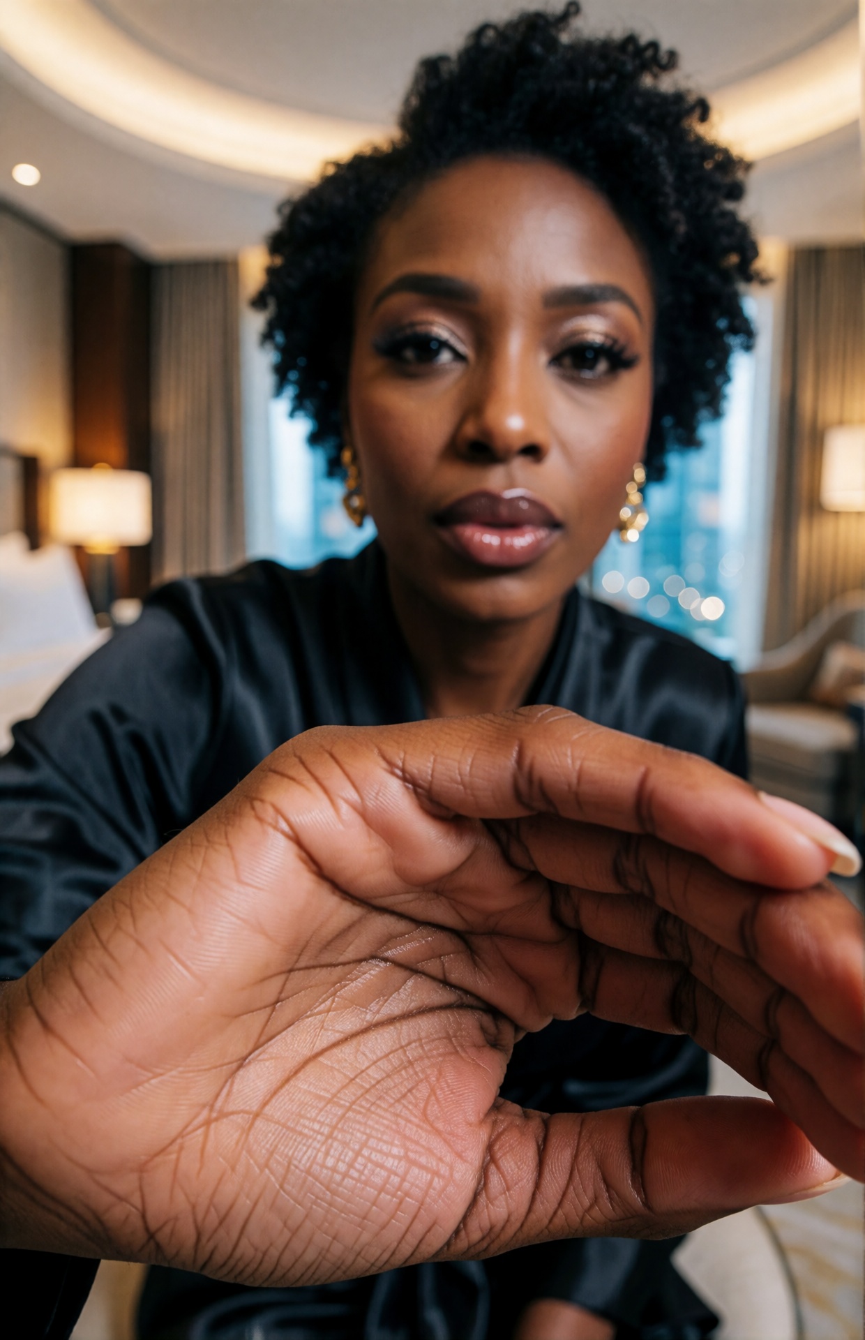 A beautiful 32-year-old Nigerian woman bends closely over the viewer in an intimate low-angle portrait inside an elegant h...