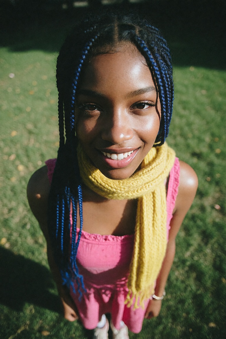 a brown skin lady with deep brown eyes wearing a yellow scarf with braided blue hair,  pink dress,  standing on a grass pa...