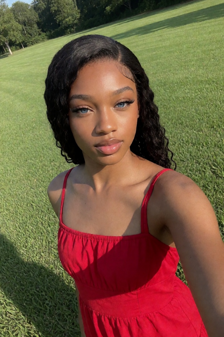 The image shows a girl with blue eyes,  rich brown skin standing on a grassy field,  wearing a red dress with spaghetti st...