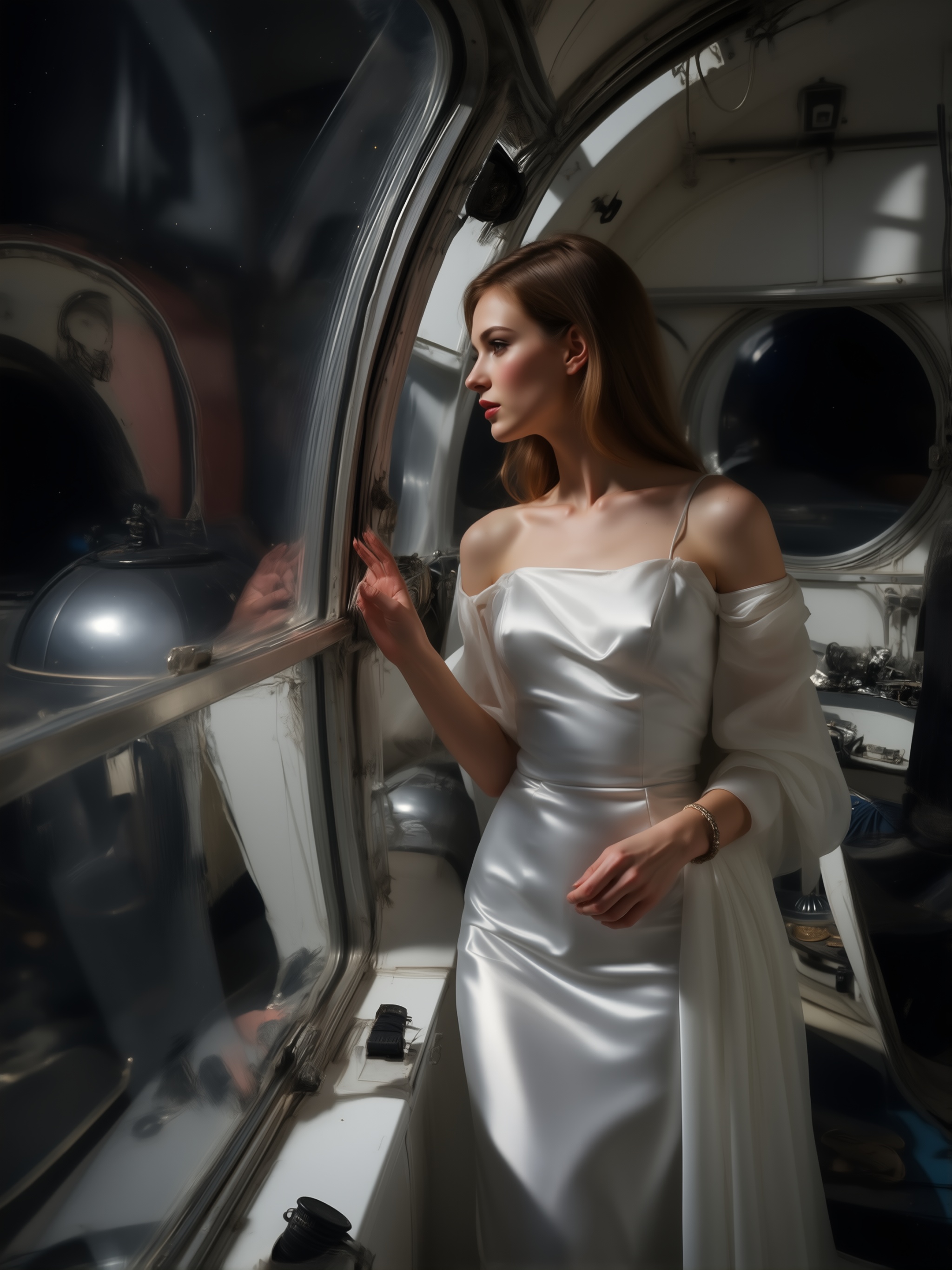 1960s space age retro fashion photography,  beautiful ***** woman standing inside a futuristic observatory,  looking throu...