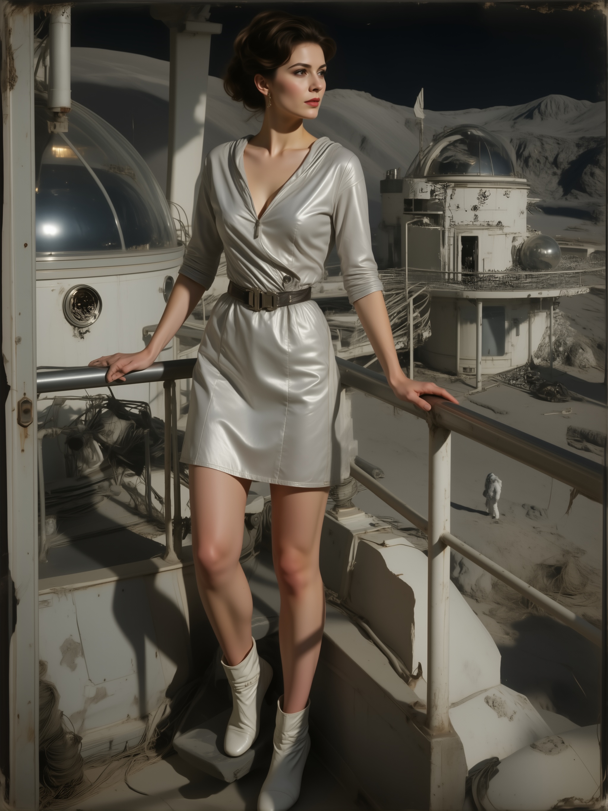 1960s retro space age cinematic photography,  beautiful ***** woman standing on a futuristic lunar base balcony,  both han...