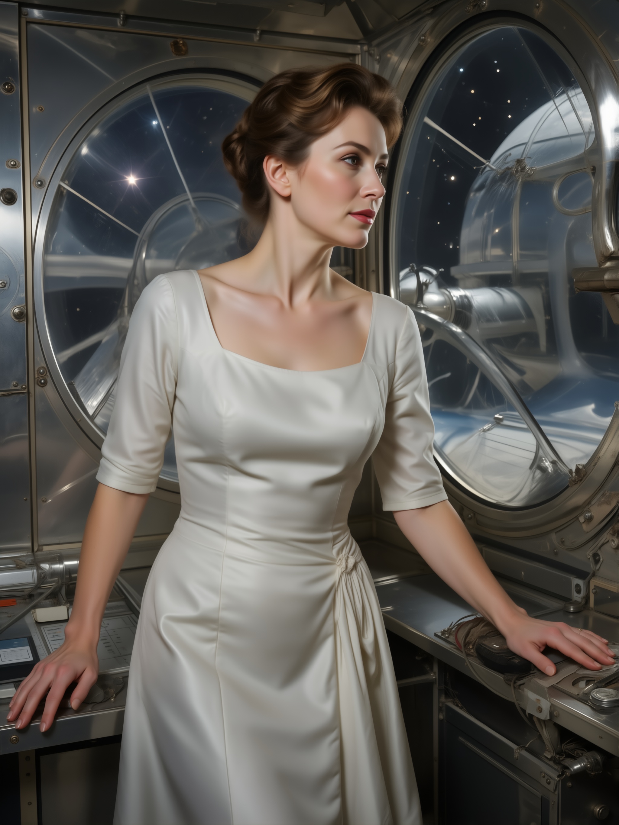 1960s space age retro fashion photography,  beautiful ***** woman standing inside a futuristic observatory,  looking throu...