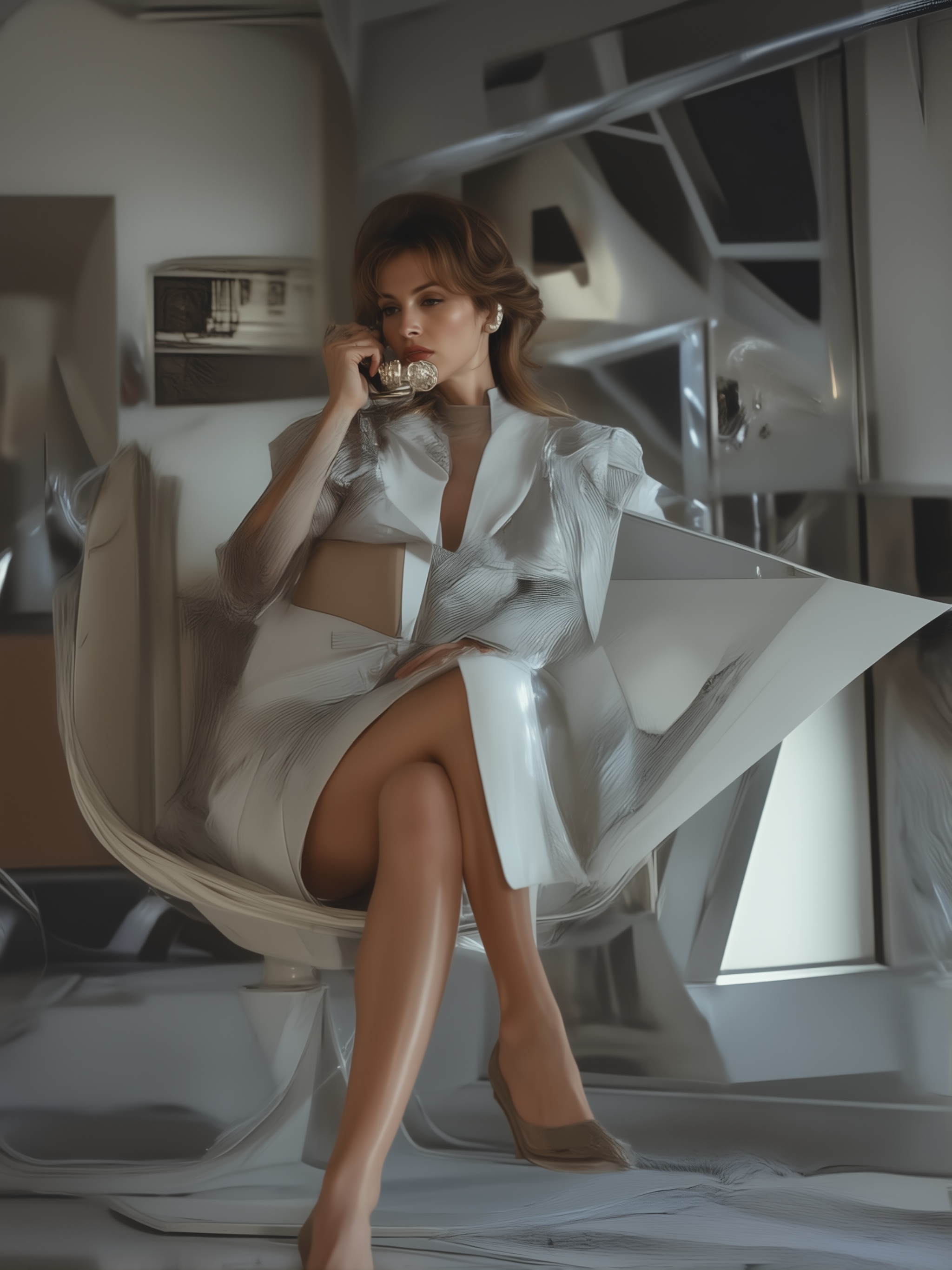 1960s space age retro fashion editorial,  beautiful ***** woman sitting elegantly on a futuristic white chair,  legs cross...