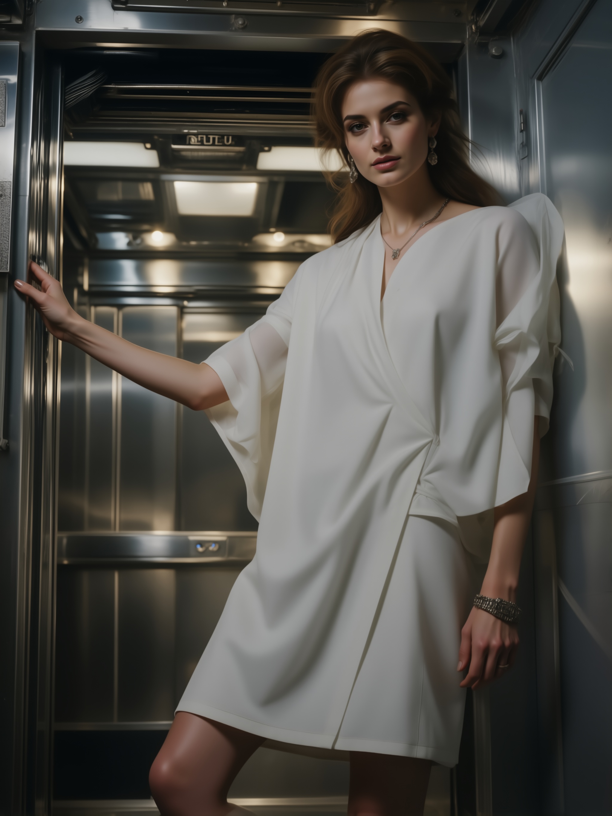 1960s space age retro fashion editorial,  beautiful ***** woman standing inside a futuristic elevator,  one shoulder natur...
