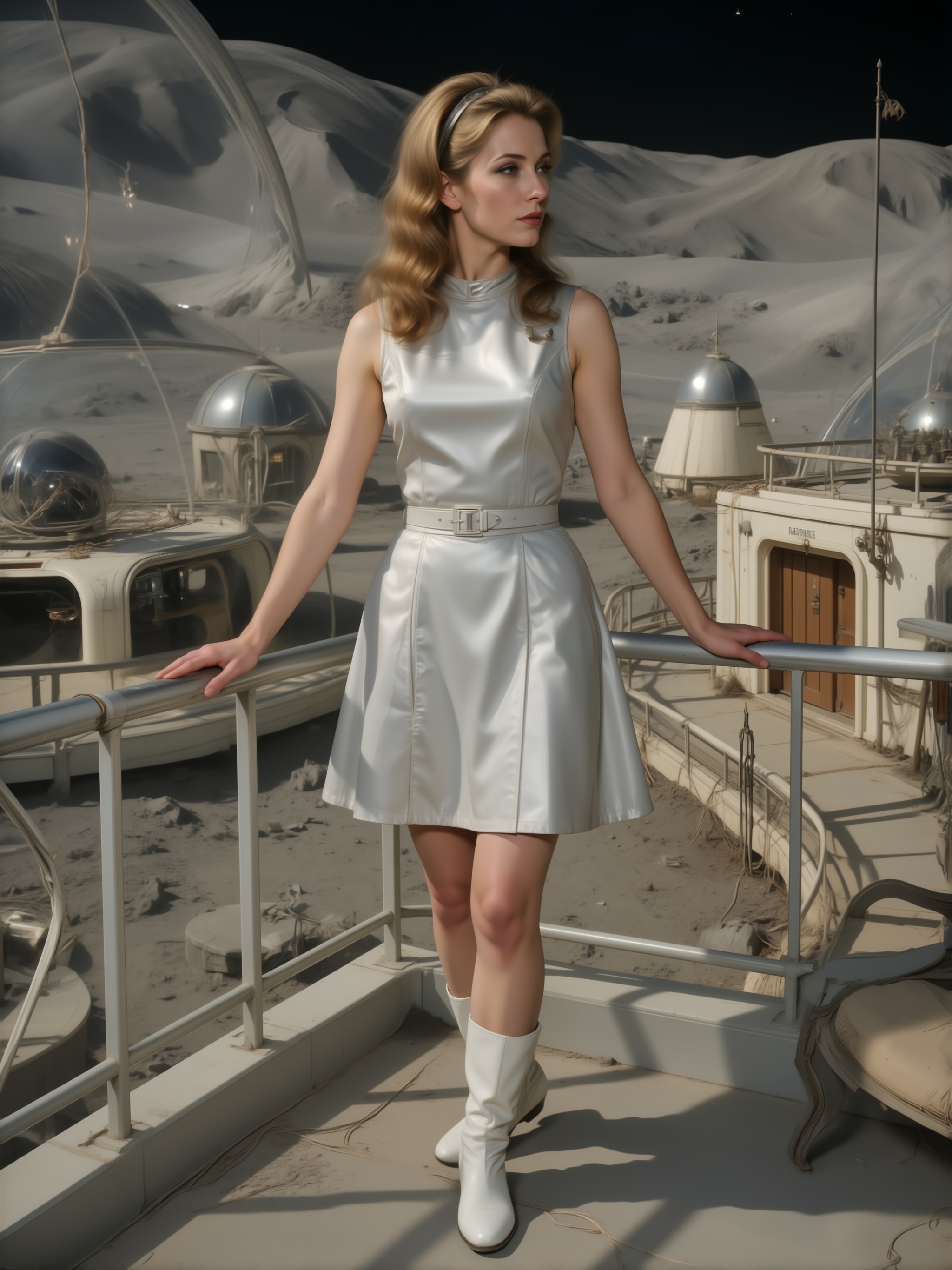 1960s retro space age cinematic photography,  beautiful ***** woman standing on a futuristic lunar base balcony,  both han...
