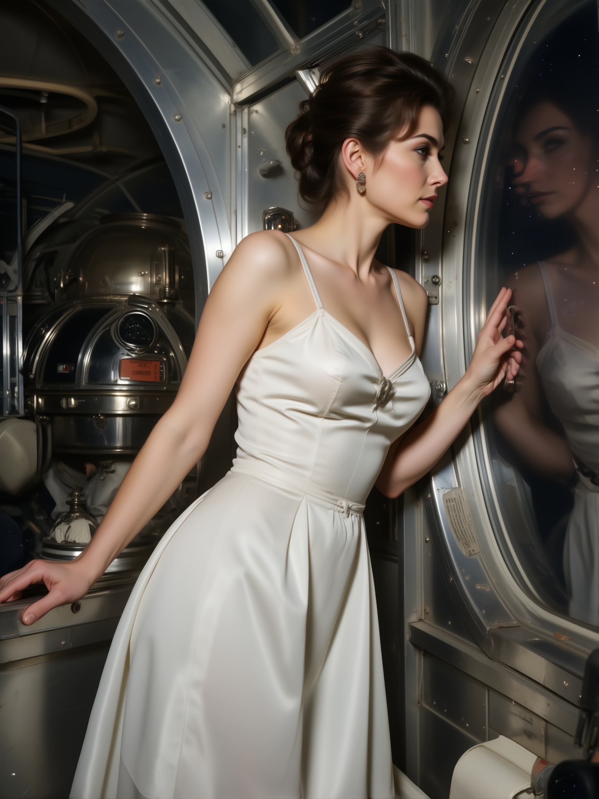 1960s space age retro fashion photography,  beautiful ***** woman standing inside a futuristic observatory,  looking throu...