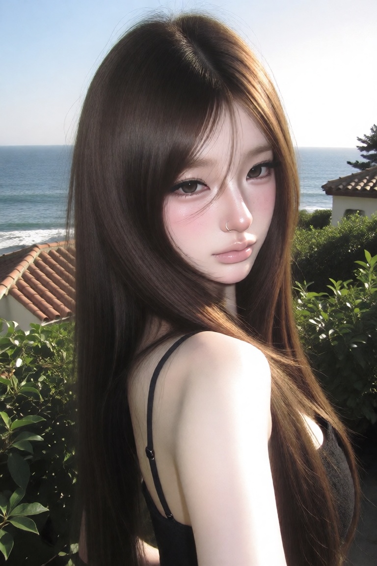 character: 1woman,  solo hair: long straight dark brown hair,  silky smooth texture on Tensor.Art