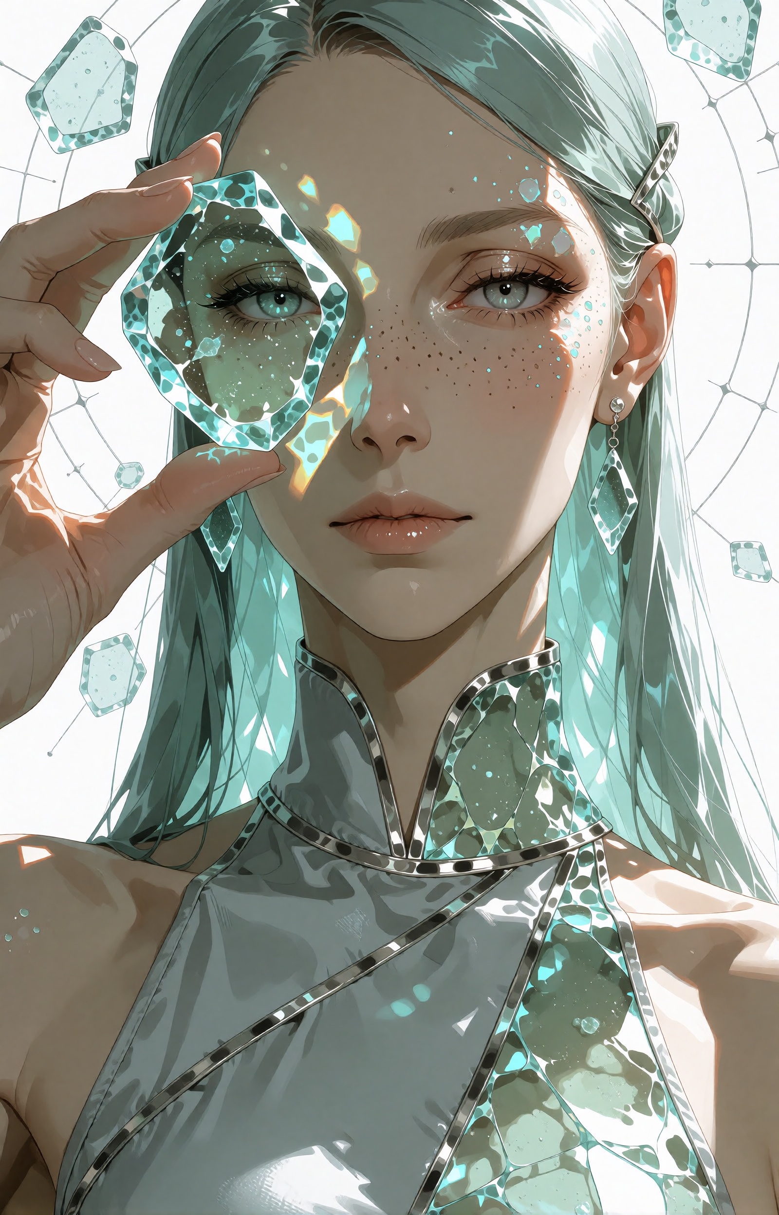 SUBJECT : An elegant ***** woman with long pale-teal hair,  translucent grey-green eyes and cool beige skin,  her face ref...