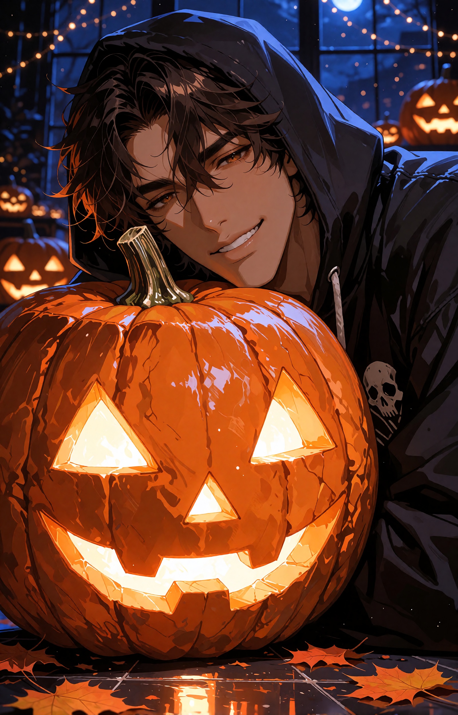 A cinematic Halloween anime illustration of a handsome ***** man with warm tan-brown skin,  a mature masculine face,  defi...