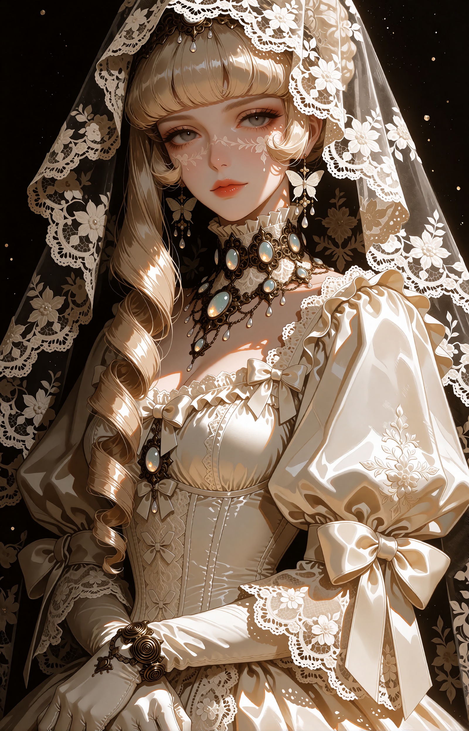 SUBJECT : An elegant ***** woman with porcelain-fair skin,  large cool grey-brown eyes and a composed,  almost doll-like e...