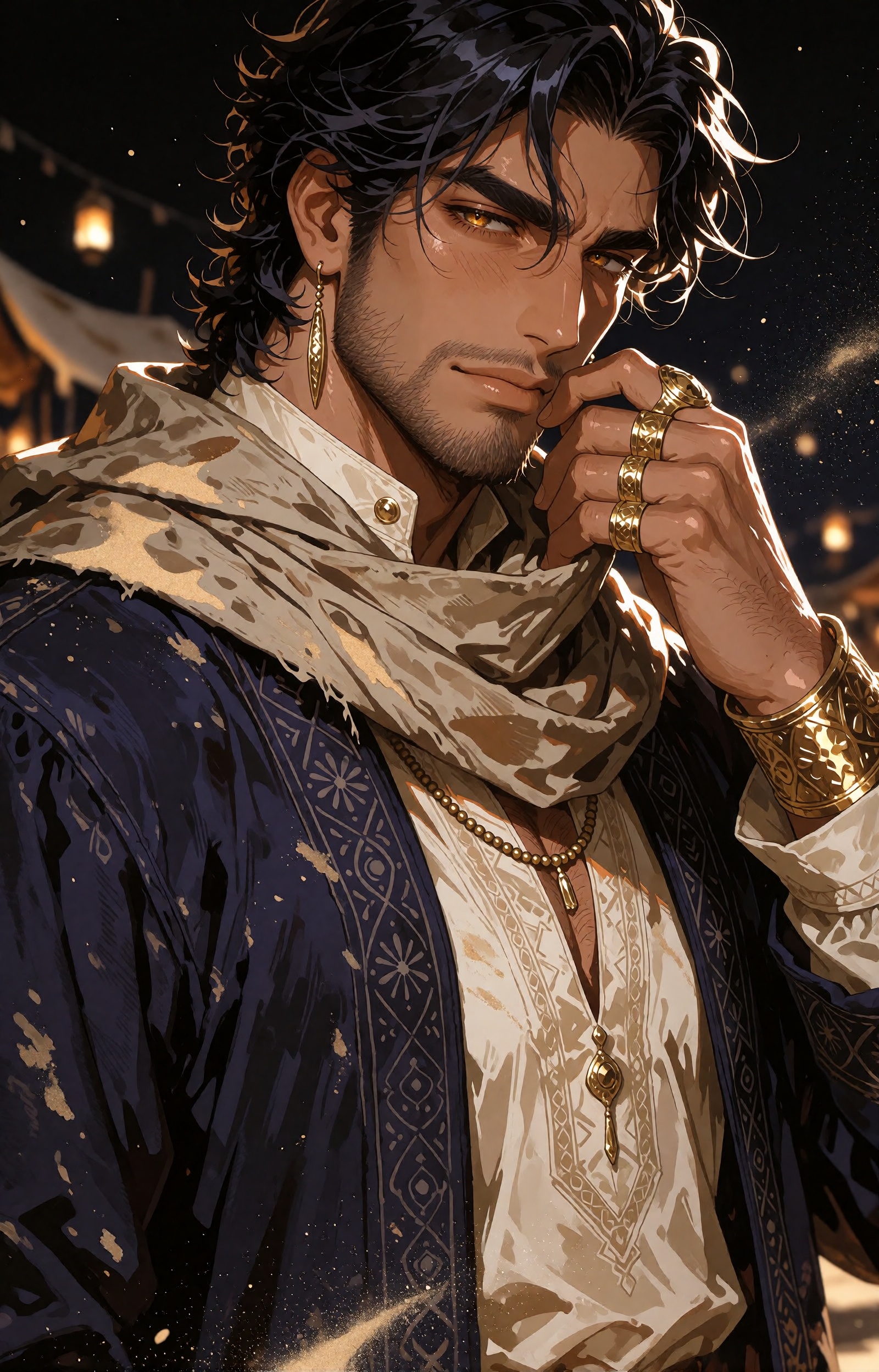 A richly rendered anime portrait of a handsome ***** desert prince around thirty with sun-browned skin,  thick black wavy...
