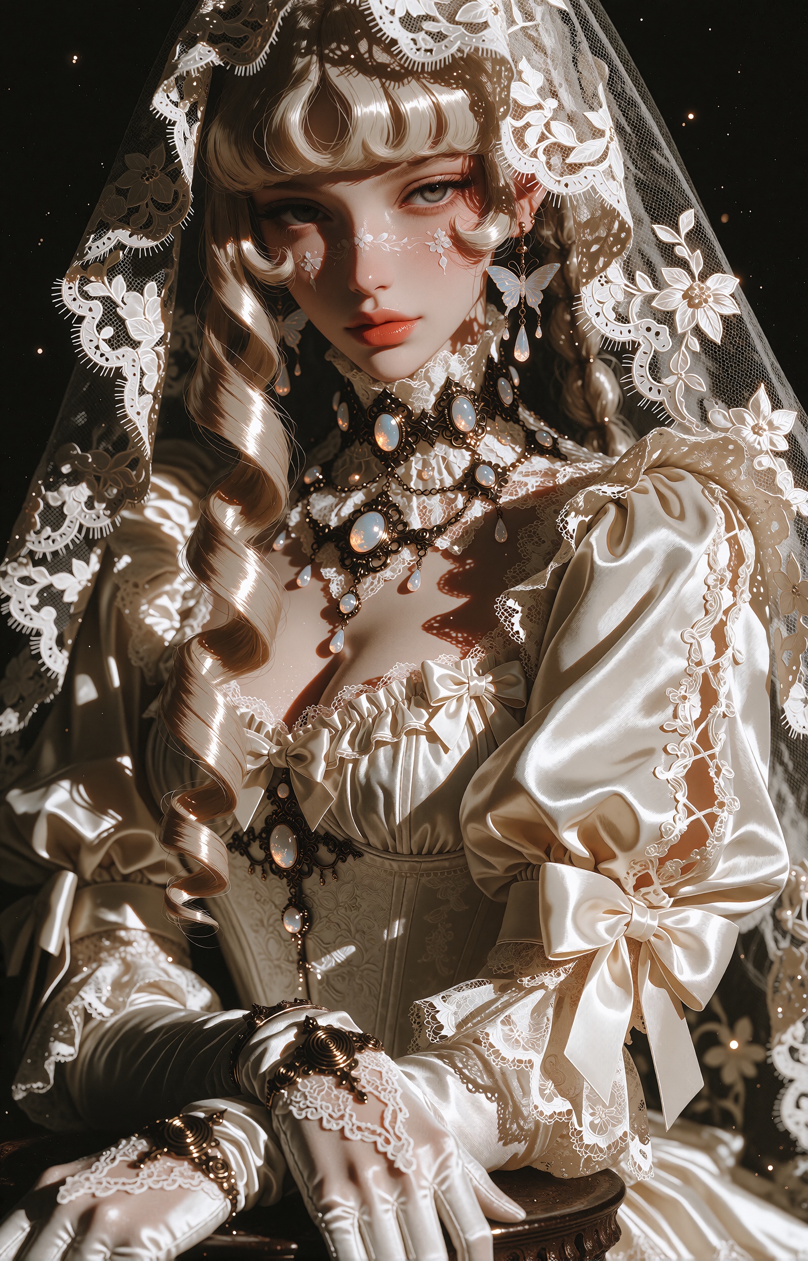 SUBJECT : An elegant ***** woman with porcelain-fair skin,  large cool grey-brown eyes and a composed,  almost doll-like e...