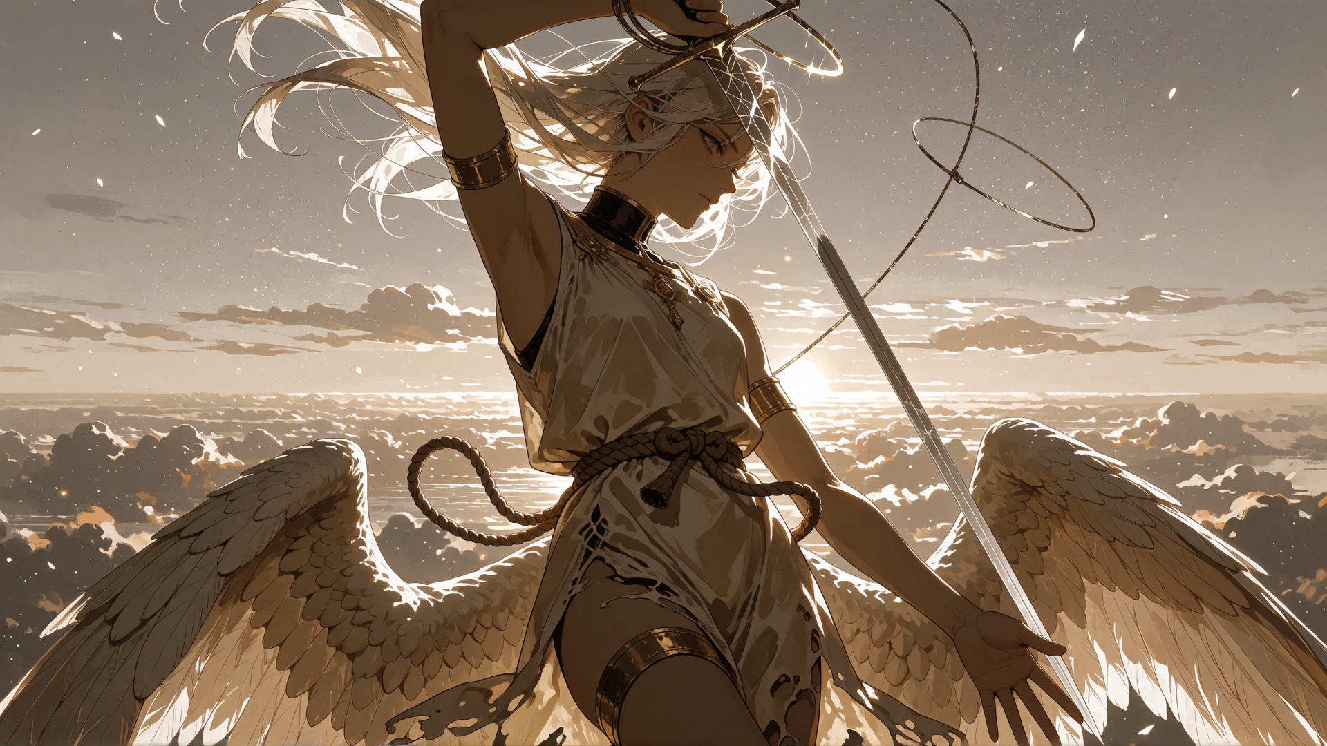 SUBJECT: A young seraph-duelist personifying the last hour of daylight,  suspended mid-descent above a sea of clouds. Thei...