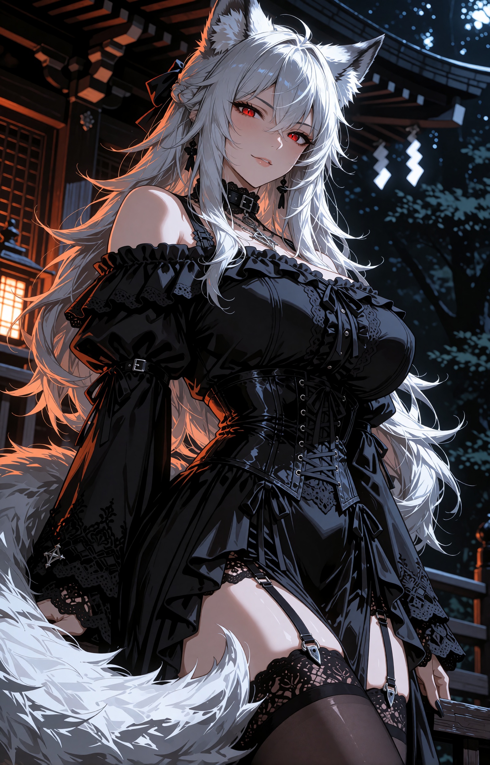 A highly detailed cinematic anime illustration of a mature ***** wolf woman with long flowing silver-white hair,  large fl...
