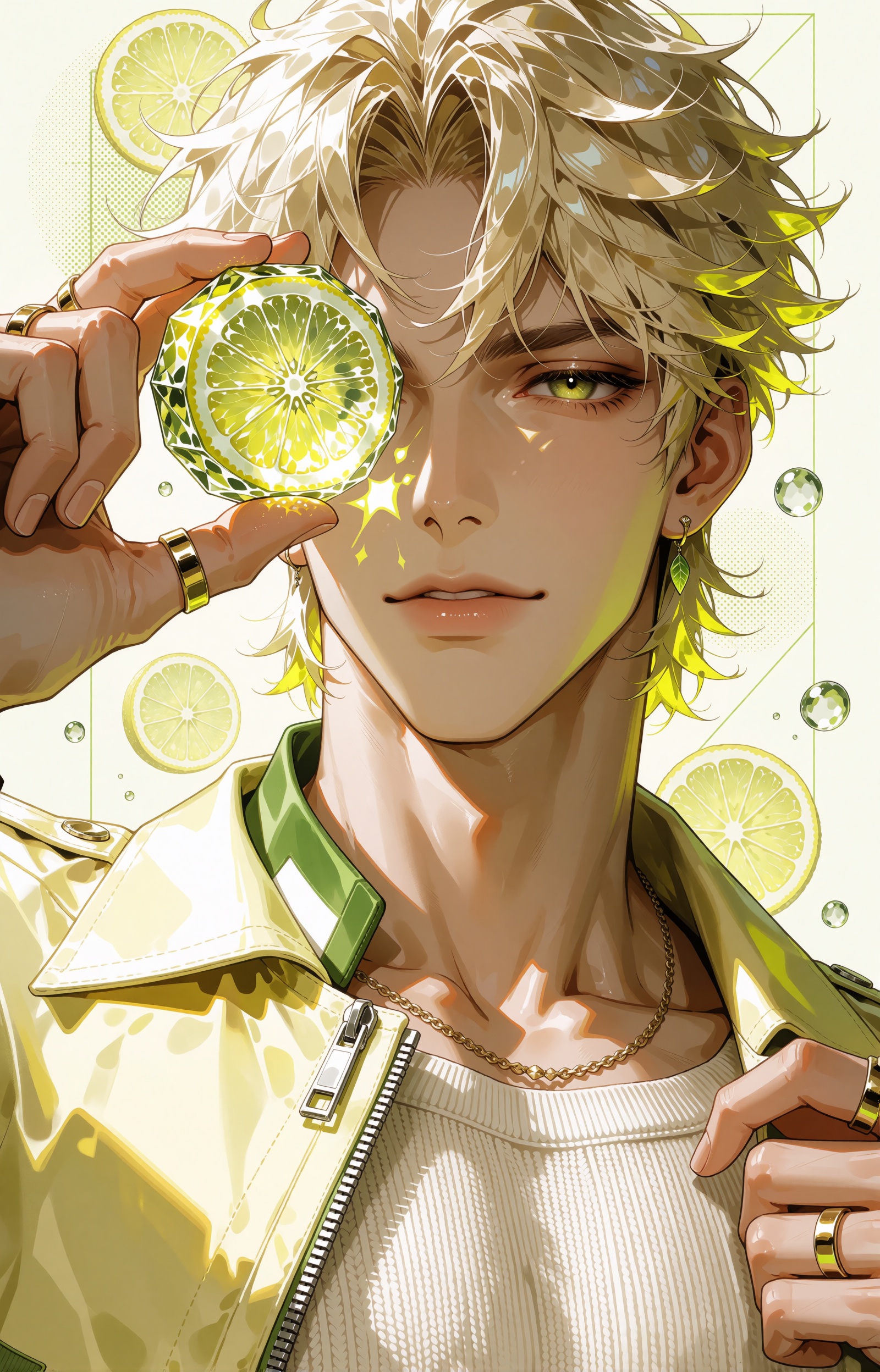 SUBJECT : An exceptionally handsome ***** man with tousled pale-blonde hair,  luminous green-gold eyes and warm beige skin...