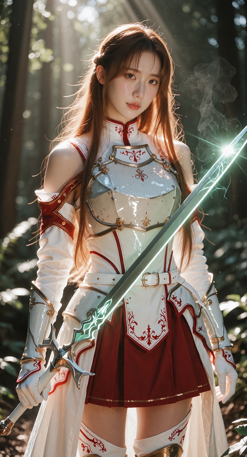 Photorealistic editorial photograph of a young East Asian woman standing on a sunlit forest path,  looking directly at the...