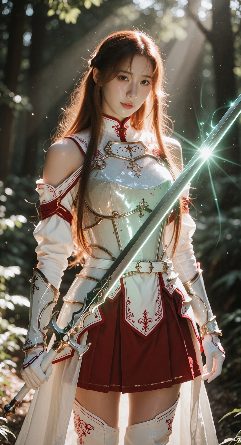 Photorealistic editorial photograph of a young East Asian woman standing on a sunlit forest path,  looking directly at the...