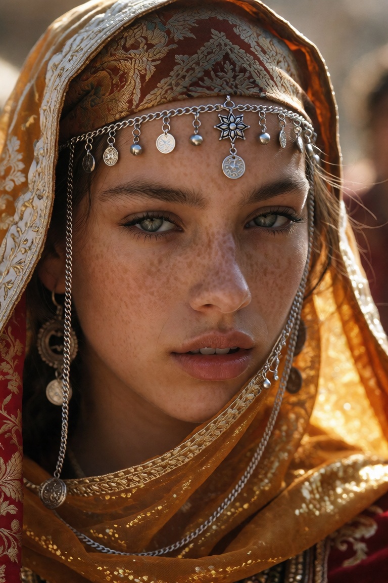 An extreme close-up captures a young woman with striking grey-green eyes,  dark defined brows,  and freckled skin on Tenso...