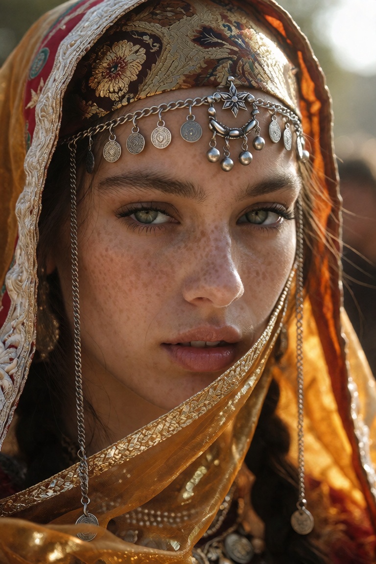 An extreme close-up captures a young woman with striking grey-green eyes,  dark defined brows,  and freckled skin on Tenso...