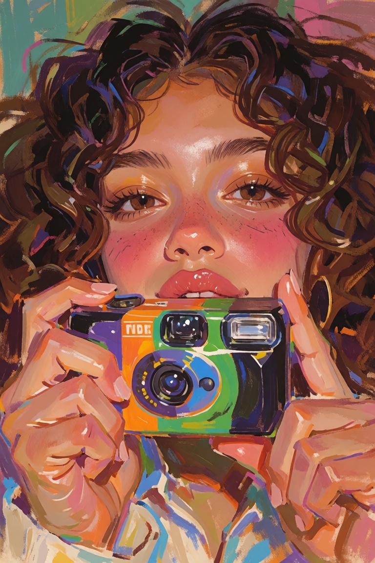 beautiful young ***** with enormous curly hair,  mild acne and permanent sleep deprivation,  collects disposable cameras f...