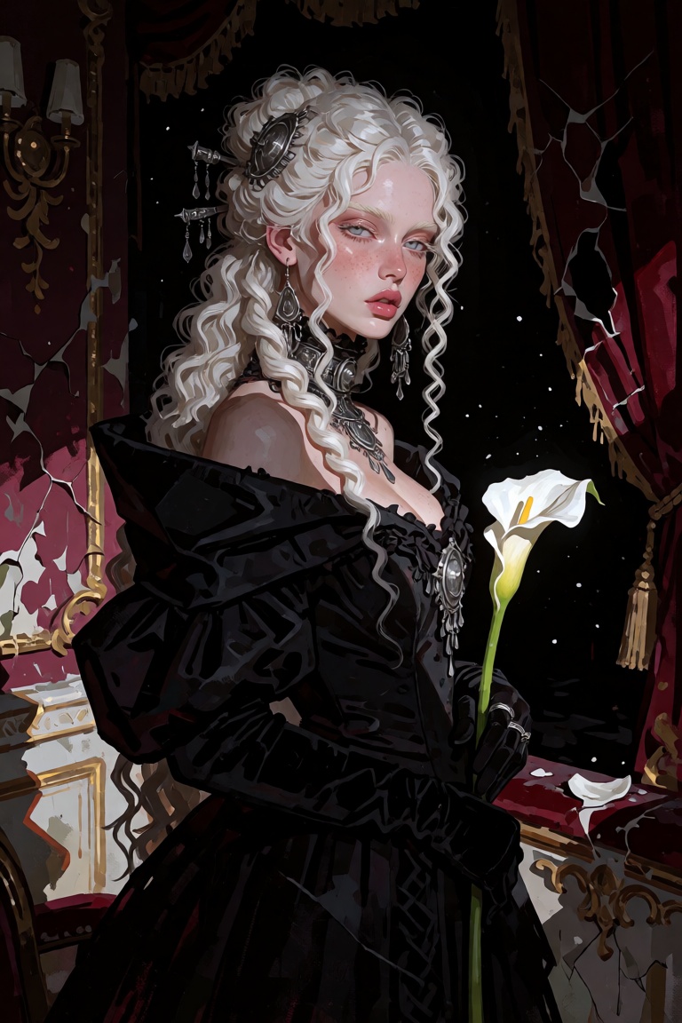 beautiful young ***** white woman with an enormous mass of violently curly platinum-blonde hair,  half pinned up with tarn...