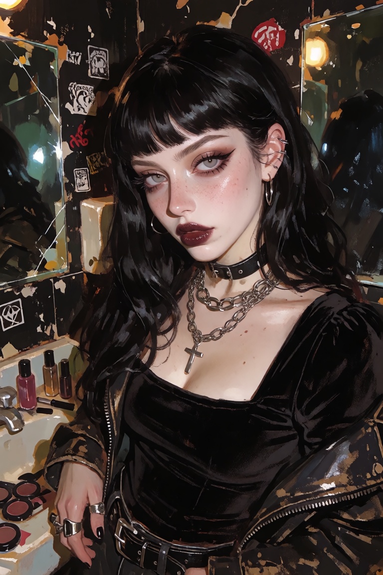 A harsh flash-photography close-up portrait of an attractive young woman with very pale skin,  blunt black bangs,  long bl...