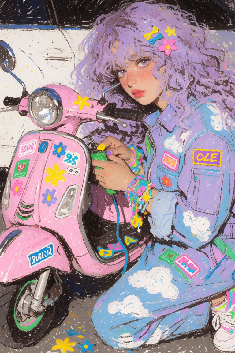 beautiful young ***** multiracial woman with gigantic fluffy lavender-dyed curls,  medium tan skin with realistic texture,...